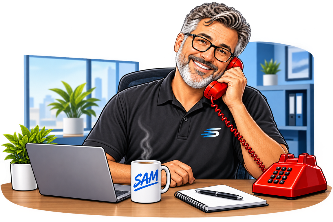 Sam at his desk, answering the phone